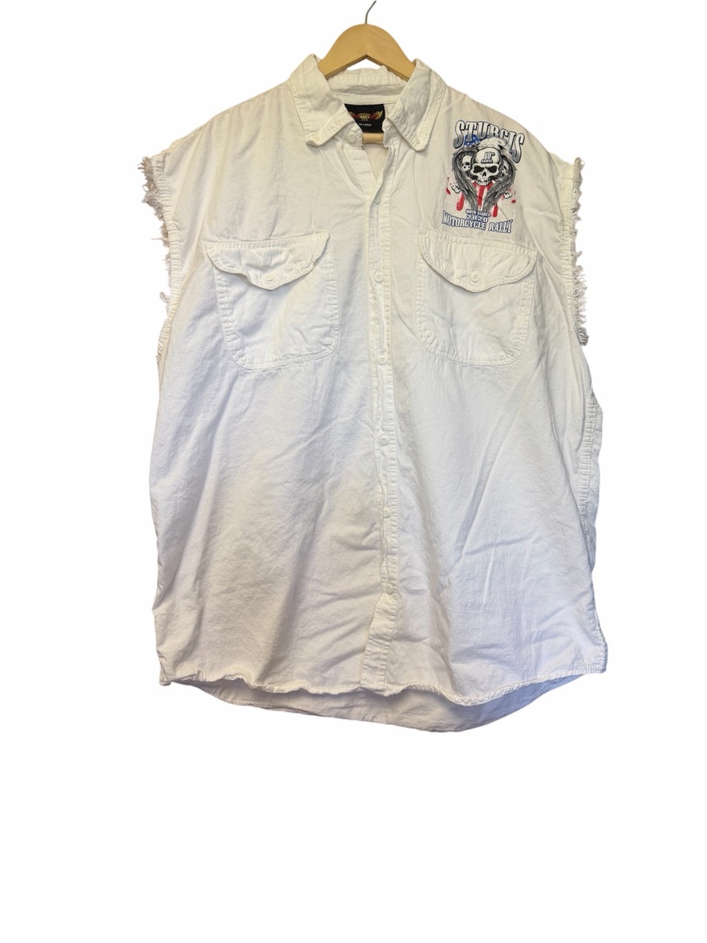 White Sleeveless Button-Down Shirt with Skulls